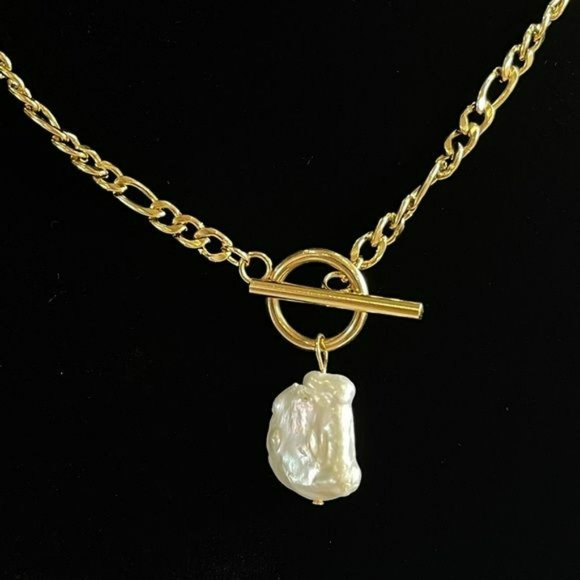 18K Gold Plated Chain Link Baroque‎ Freshwater Pearl Pendant Necklace 17..5in - Picture 4 of 10
